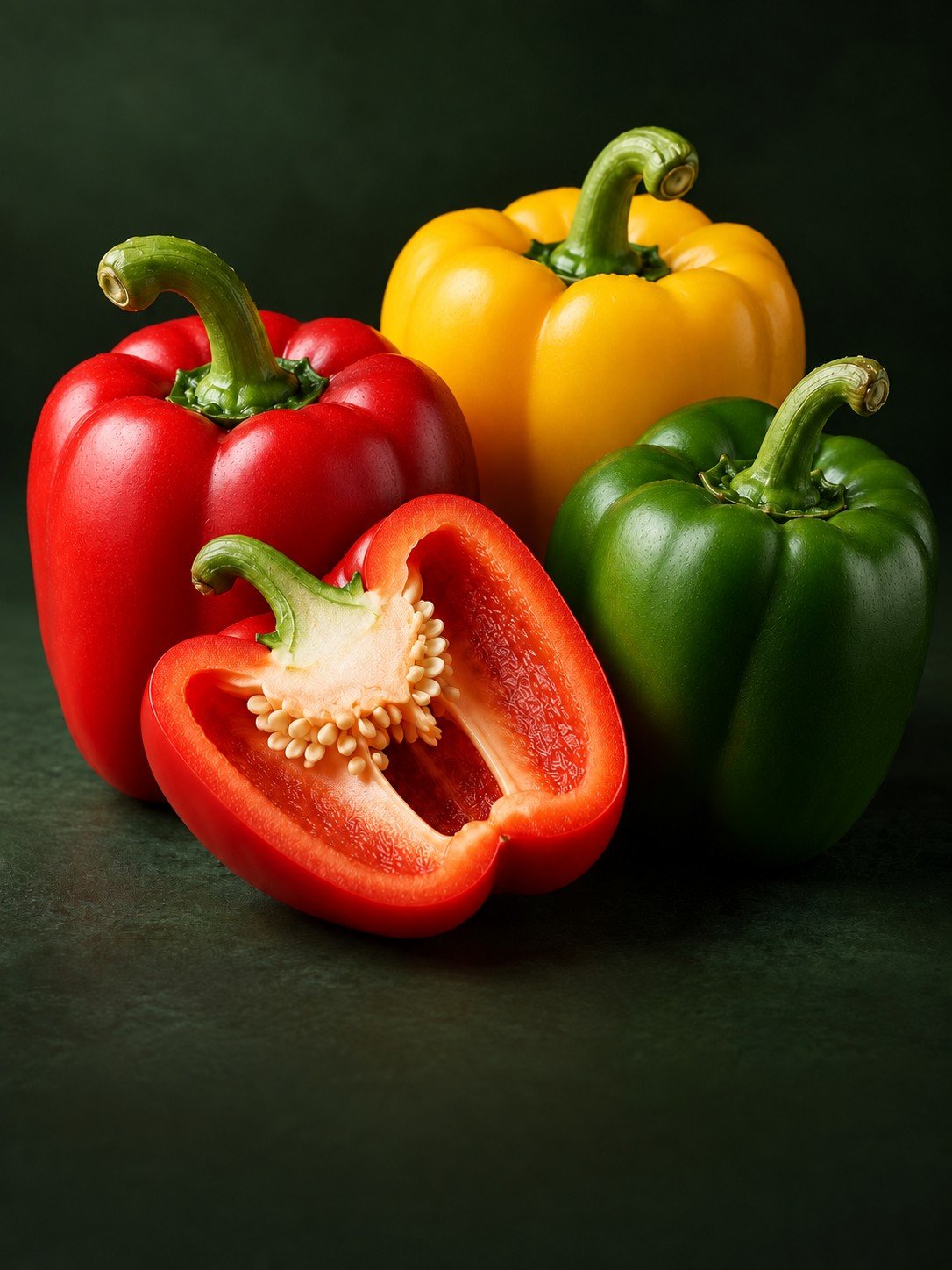 Red, yellow and green sweet peppers